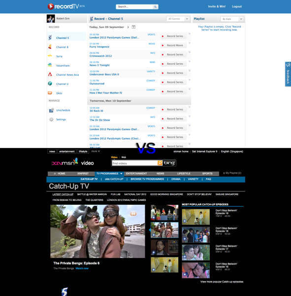 Comparison RecordTV vs xinmsn Catch-up TV