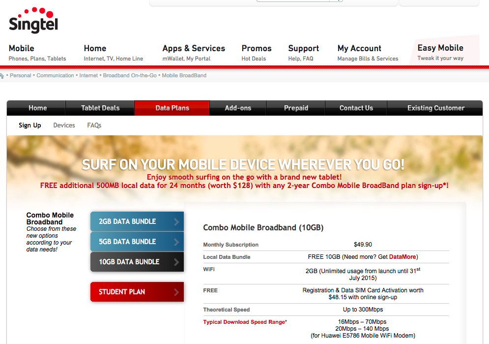 Screenshot of Singtel's mobile broadband offering